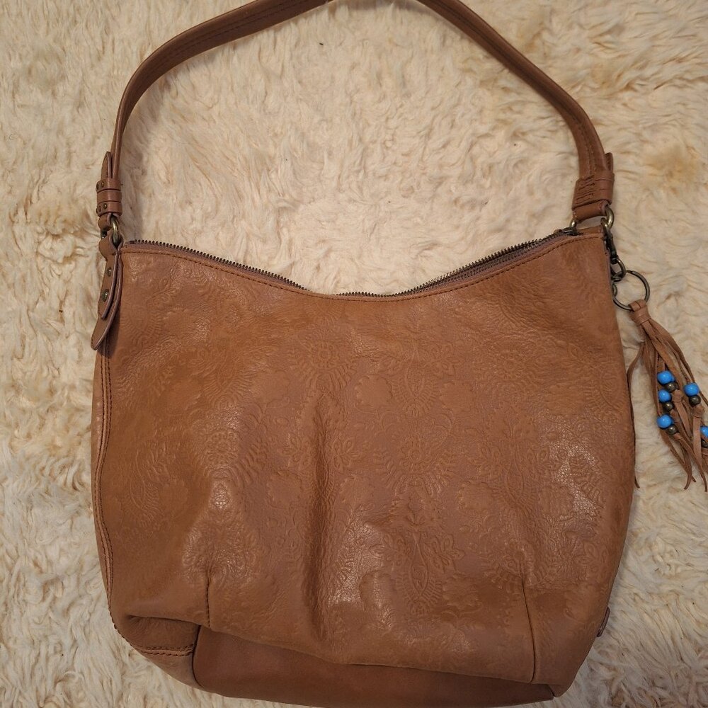 Brown Satchel Purse with Boho Beads & Fringe.